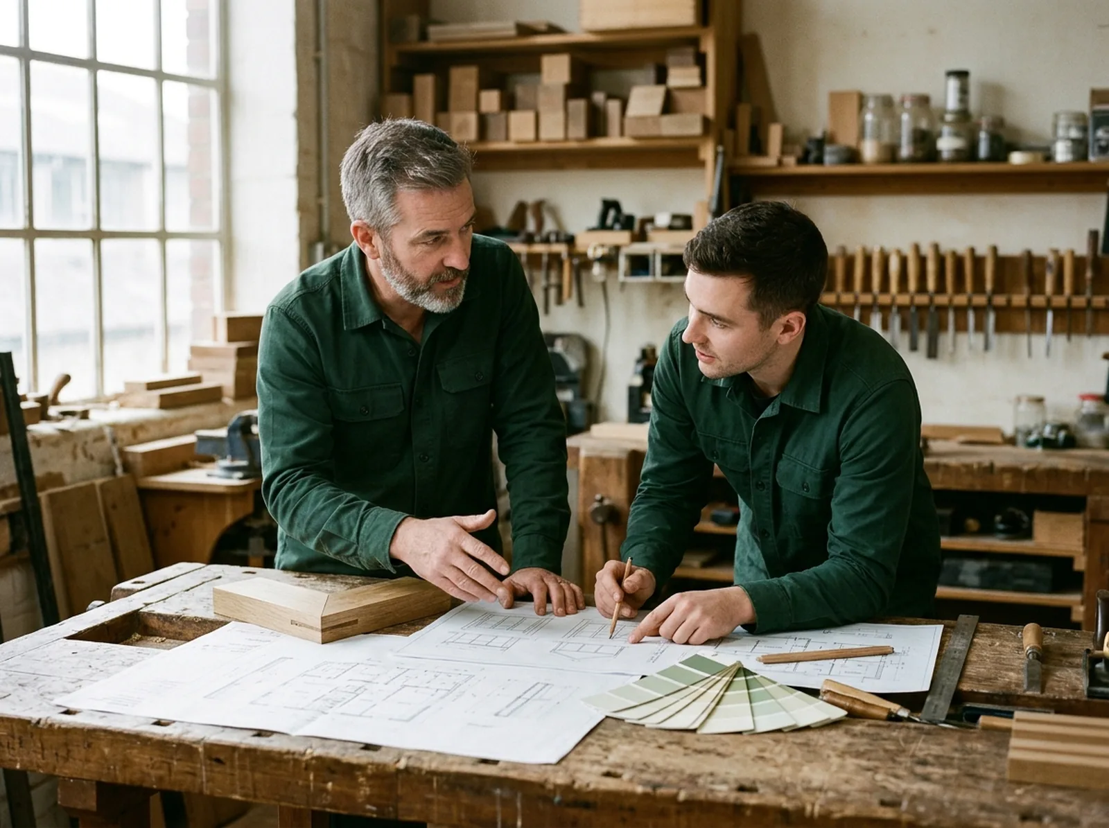 Paul Rutherford and Sam Elliott at the Gosforth workshop bench, marking up joinery drawings beside colour fans